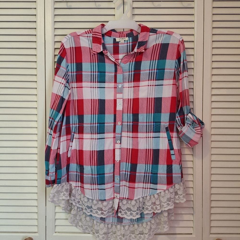 Umgee USA Womens Size S Button Up Shirt Top Plaid Lace Hem Pockets Boho Roll Tab